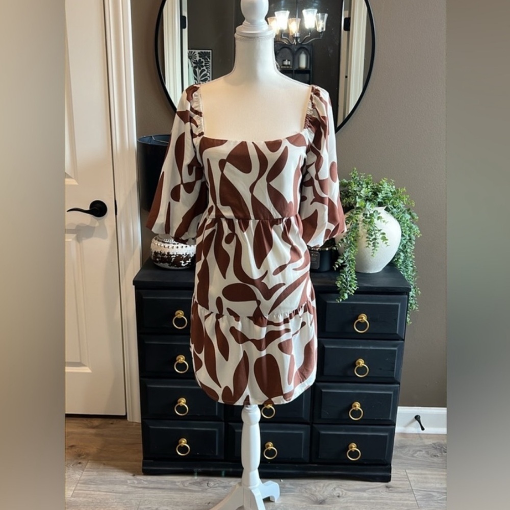 SANCTUARY Brown Mod Print Puff Sleeve Stretch Tiered Boho Mini Dress Size Large